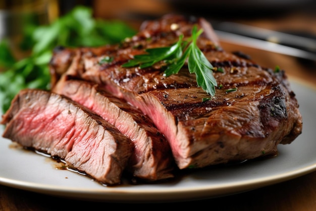 Een bord steaks met een blaadje peterselie ernaast