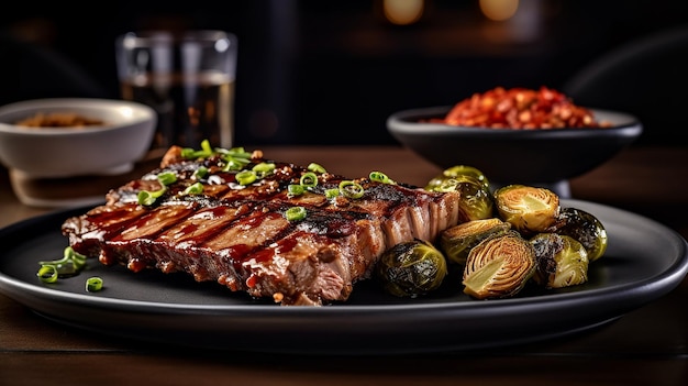 een bord steaks met groenten en een glas water