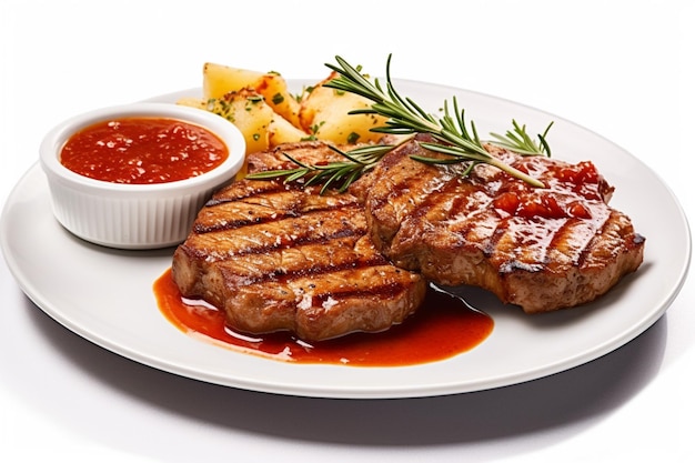 Een bord steaks met tomatensaus erbij