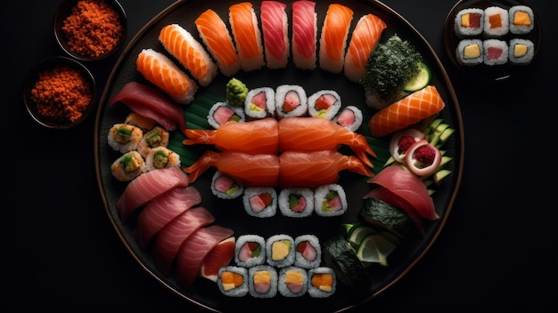 Een bord sushi en broodjes met het woord sushi erop