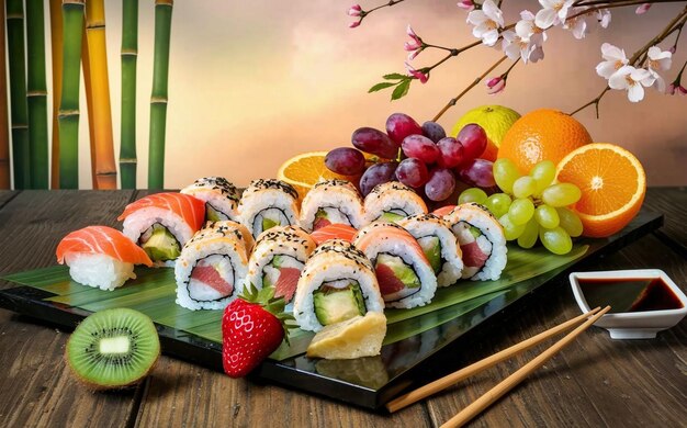 een bord sushi en fruit op een tafel