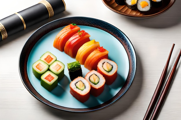 Een bord sushi en sushi met een fles wijn