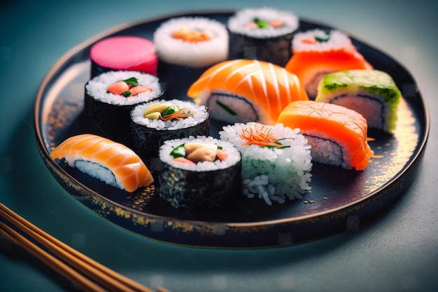 Een bord sushi met een bord sushi erop