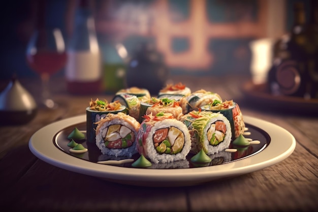 Een bord sushi met een bord sushi erop