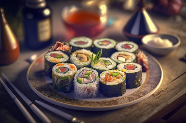 Een bord sushi met een fles wijn op tafel.