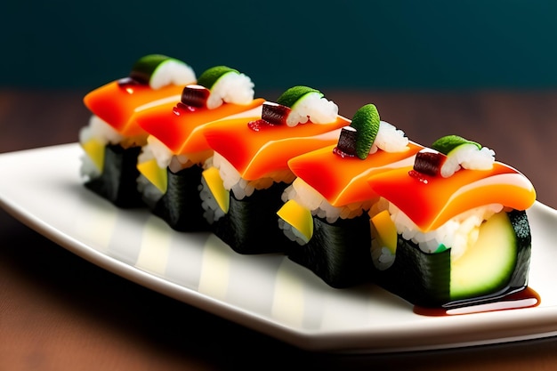 Een bord sushi met een groen blaadje erop