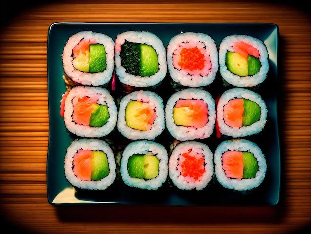 Een bord sushi met een groene en rode kleur