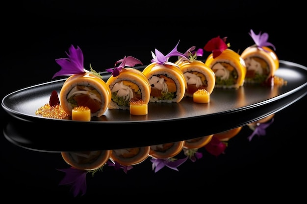 een bord sushi met paarse bloemen aan de zijkant