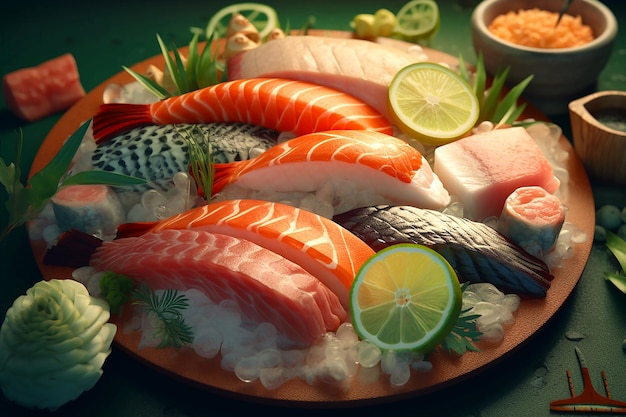 Een bord sushi met verschillende soorten vis.