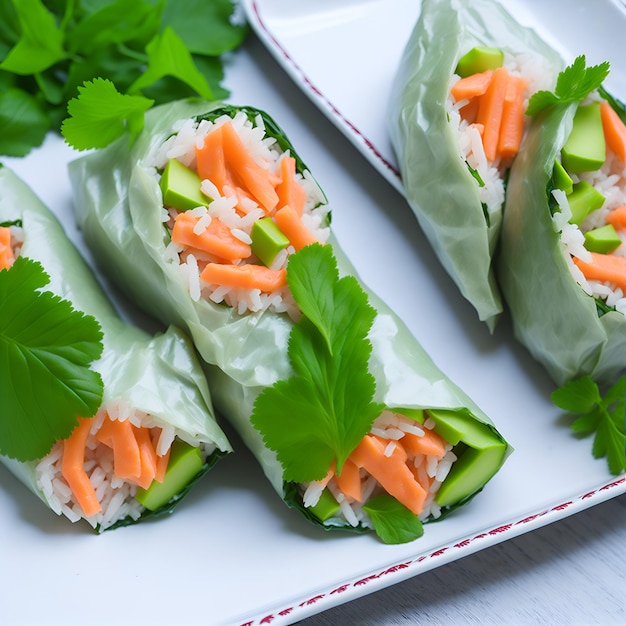 Een bord sushi met worteltjes en komkommers erop