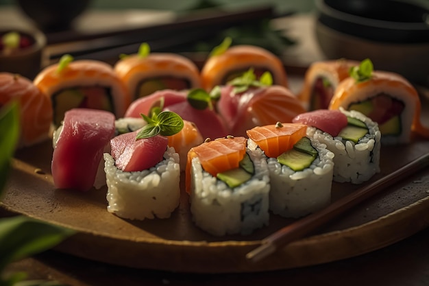Een bord sushi met zalm erop Generatieve AI