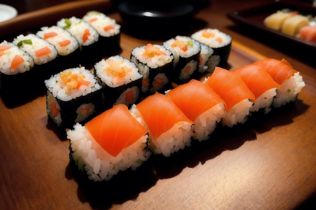 Een bord sushi met zalm erop