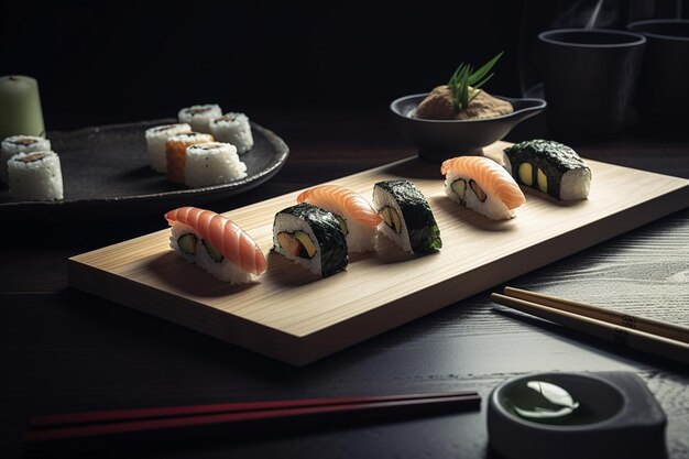 Een bord sushi staat op een tafel met een kom groene bladeren.