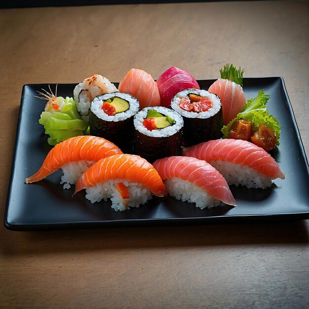 Foto een bord sushi.