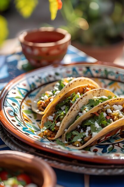 Foto een bord taco's en een kop koffie.