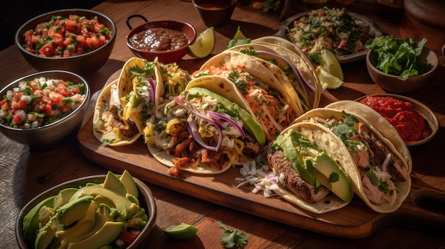 Een bord taco's met een verscheidenheid aan eten erop