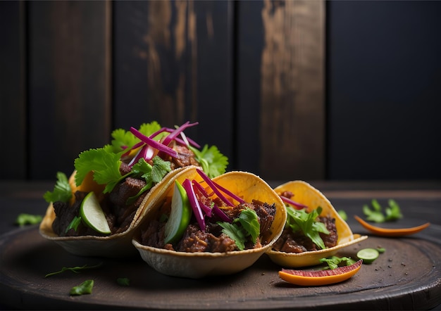 Een bord taco's met vlees en groenten op een houten tafel.