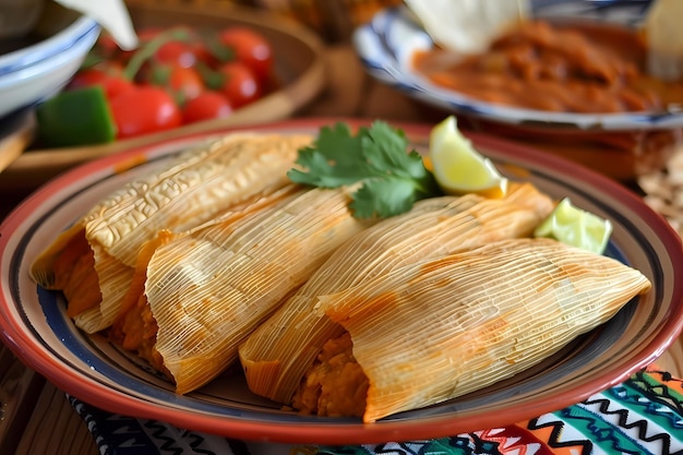 Foto een bord tamales een traditioneel mexicaans gerecht gemaakt van rijst en kip gewikkeld in grote maïs l