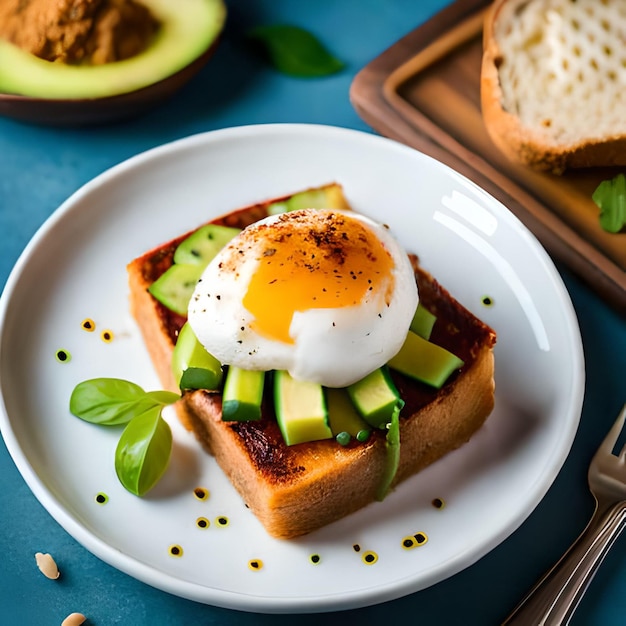 Een bord toast met avocado en toast met een broodje en een vork ernaast.