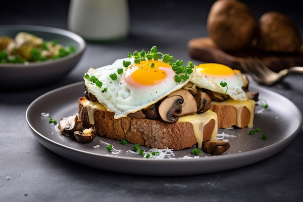 Een bord toast met champignons en eieren erop