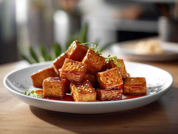 Een bord tofu met saus erop