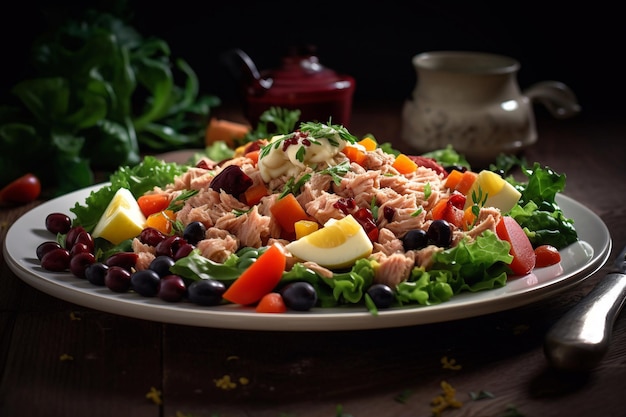 Een bord tonijnsalade met eieren en tomaten