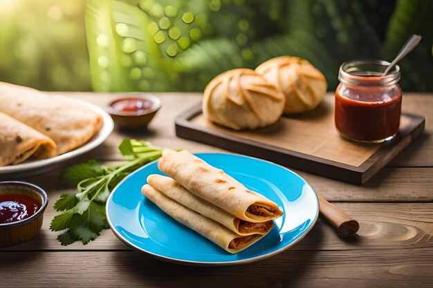 Een bord tortilla's met een pot ketchup op tafel