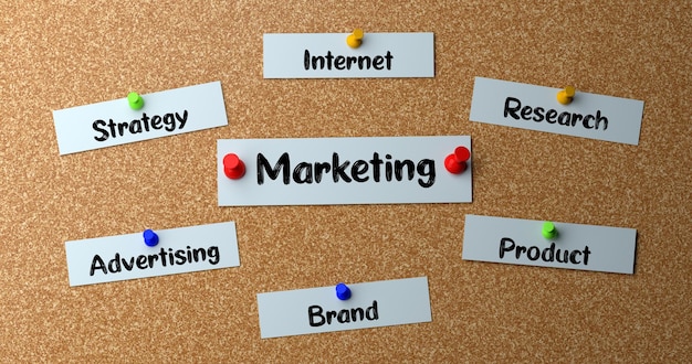 Een bord van kurk met een bord waarop marketing, merk en merk staat.