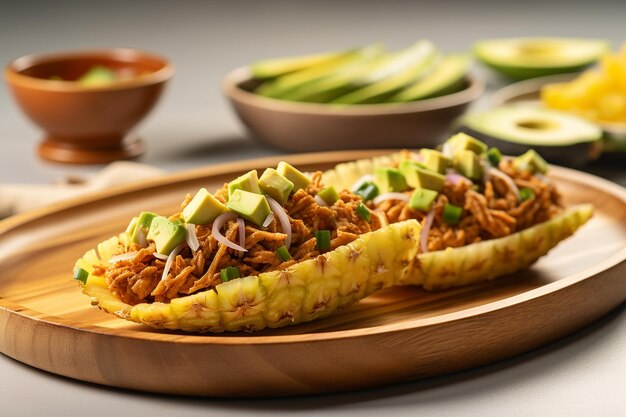 Foto een bord veganistische jackfruit taco's met ananas salsa en avocado