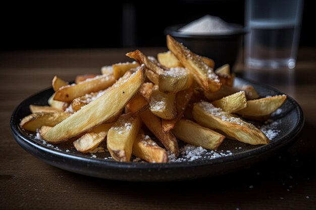 Een bord vers gemaakte frieten bestrooid met zout en peper