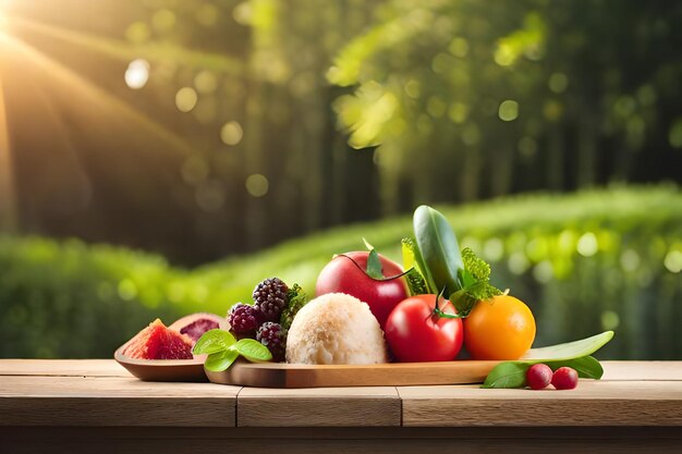 een bord verse groenten en fruit op een houten tafel.