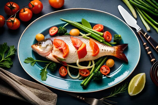 Een bord vis met groenten en tomaten erop