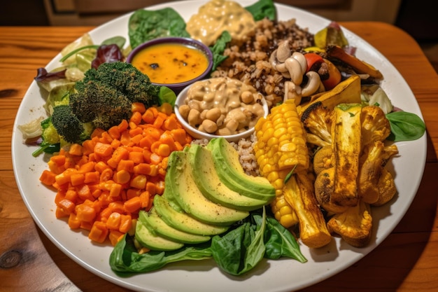 Een bord vol kleurrijk zerowaste-diner met veganistische glutenvrije opties gemaakt met generatieve AI