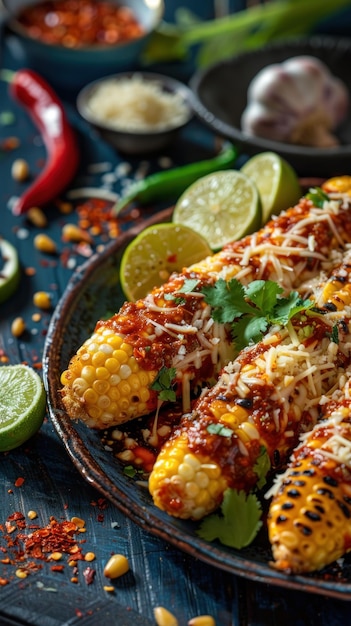 Een bord vol met gouden gegrilde maïs op de kolf