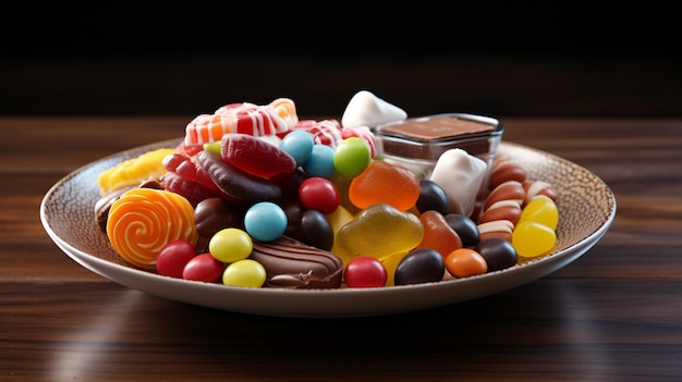 Een bord vol met verschillende snoepjes te zien