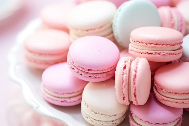 Een bord vol roze en witte macarons.