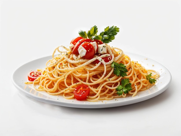 Een bord vol spaghettipasta met tomaten