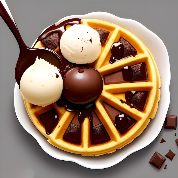 Een bord wafels met chocolade en vanille-ijs.