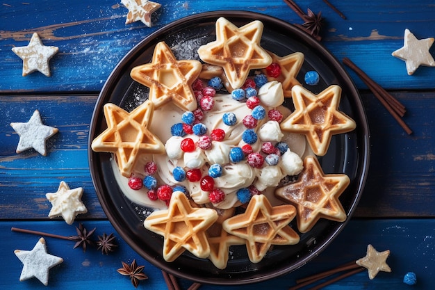 Een bord wafels met sterren en de sterren erop