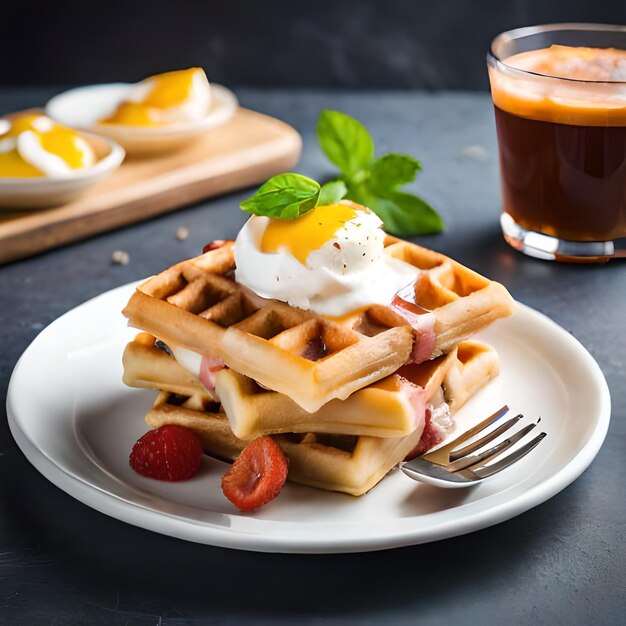 Een bord wafels met yoghurt erop en een kopje thee erbij.