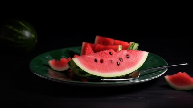 Een bord watermeloen met een zwarte achtergrond