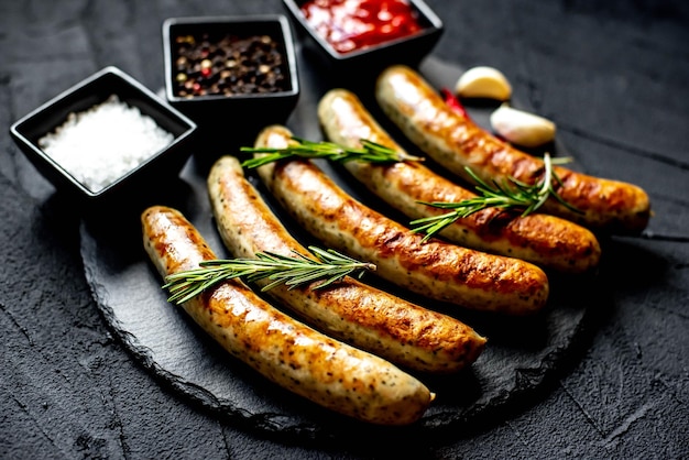 Een bord worstjes met een takje knoflook en een klein bakje saus.