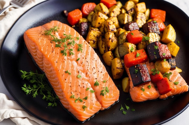 Een bord zalm en groenten op tafel.