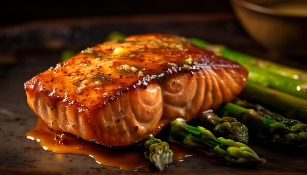 Een bord zalm met asperges erop