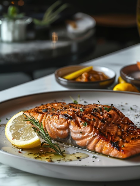 een bord zalm met citroensnijden