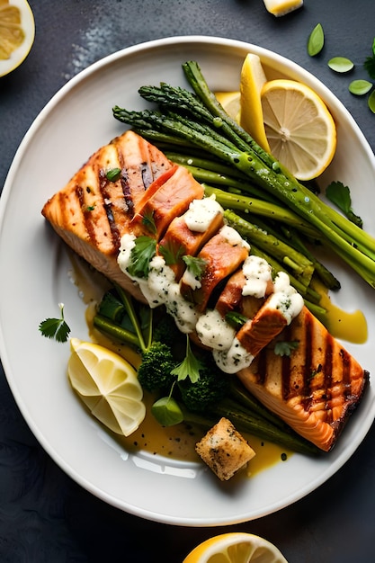 Een bord zalm met daarop een citroensaus en broccoli