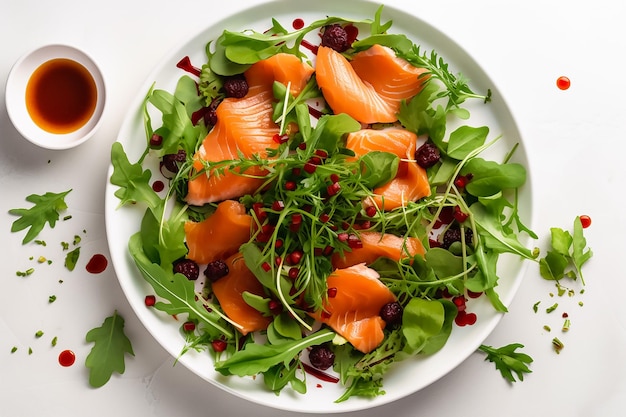 Een bord zalmsalade met een rode lepel ernaast