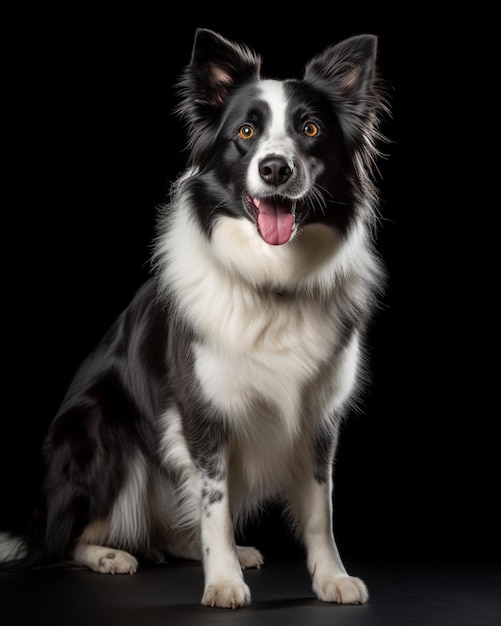 Een border collie zittend op een zwarte achtergrond