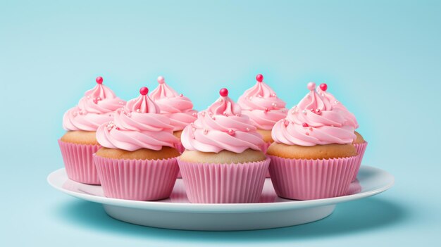 Een bordje cupcakes met roze glazuur en blauw.