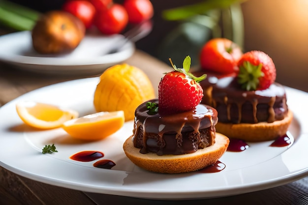 Een bordje desserts met aardbeien en sinaasappels.